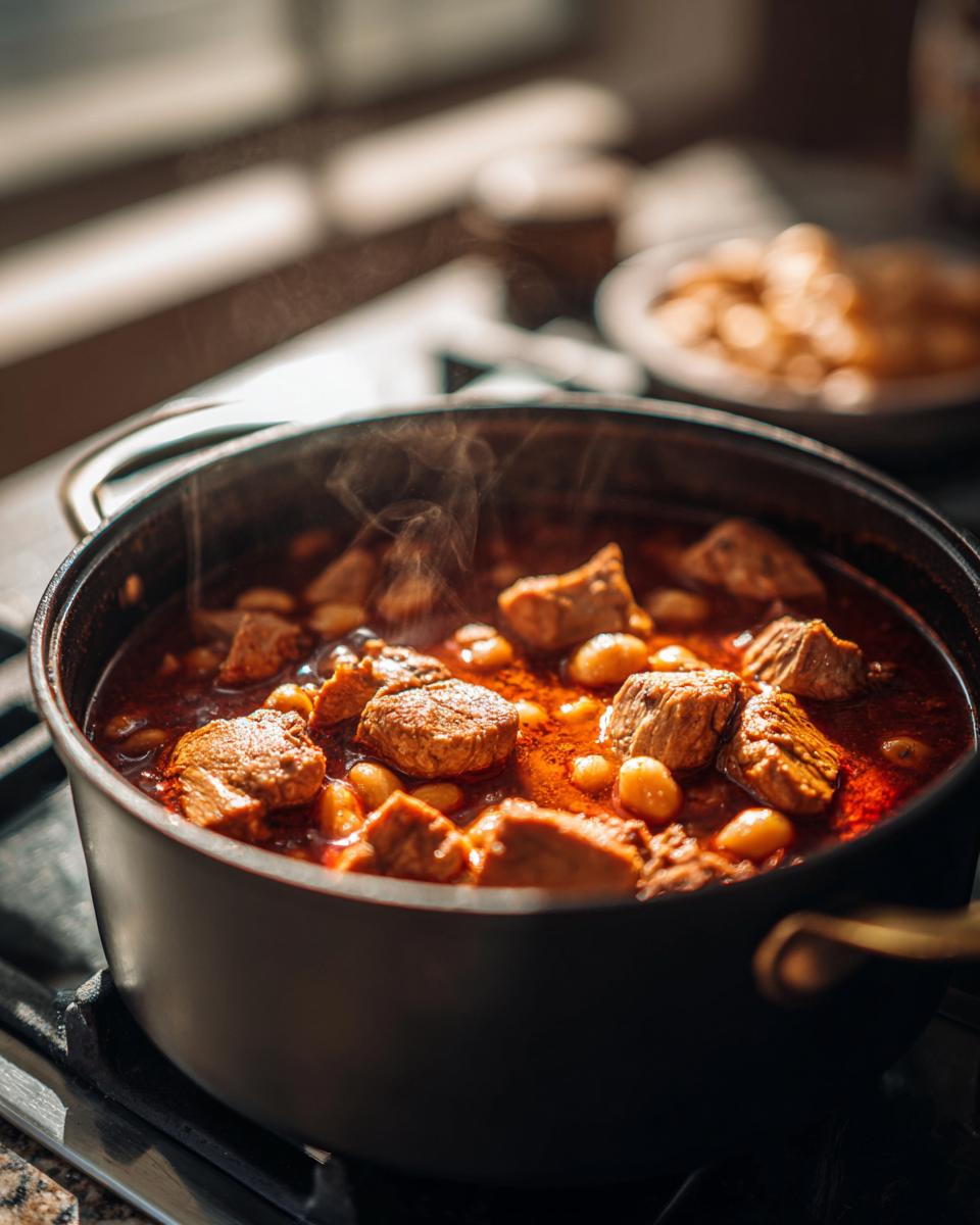 A close-up shot of a pot of steaming pork pozole rojo, with tender chunks of pork and hominy in a rich red broth.