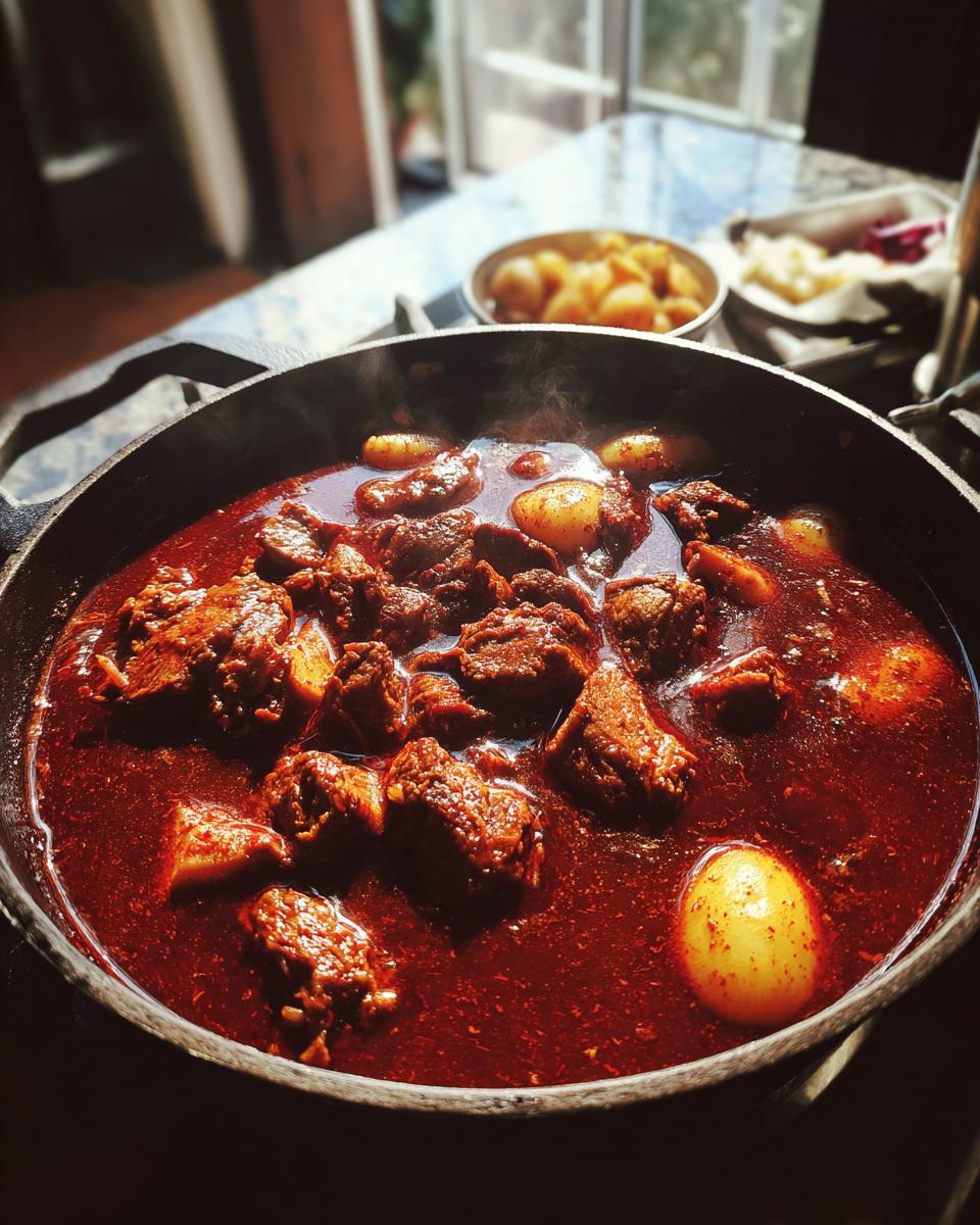 A close-up of a rich, red broth filled with tender chunks of pork and hominy in a black pot, ready to serve for pork pozole.