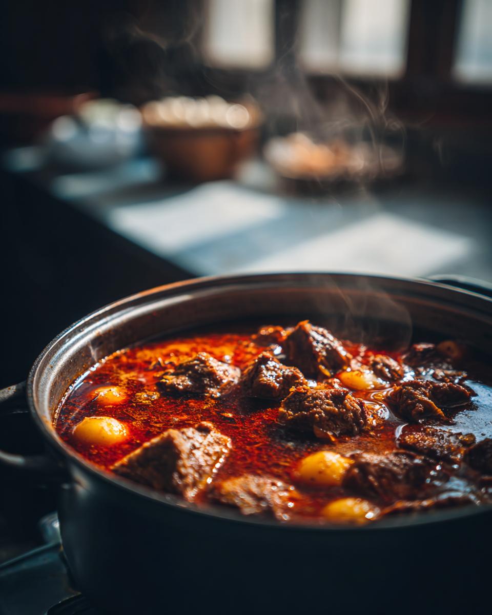 A close-up shot of a large pot filled with steaming Pork Pozole Rojo, featuring tender chunks of pork and hominy in a rich red broth.