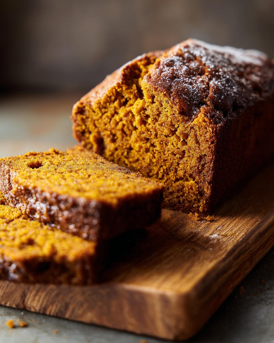A close-up of a moist pumpkin banana bread loaf, with two slices cut and resting on a wooden cutting board.