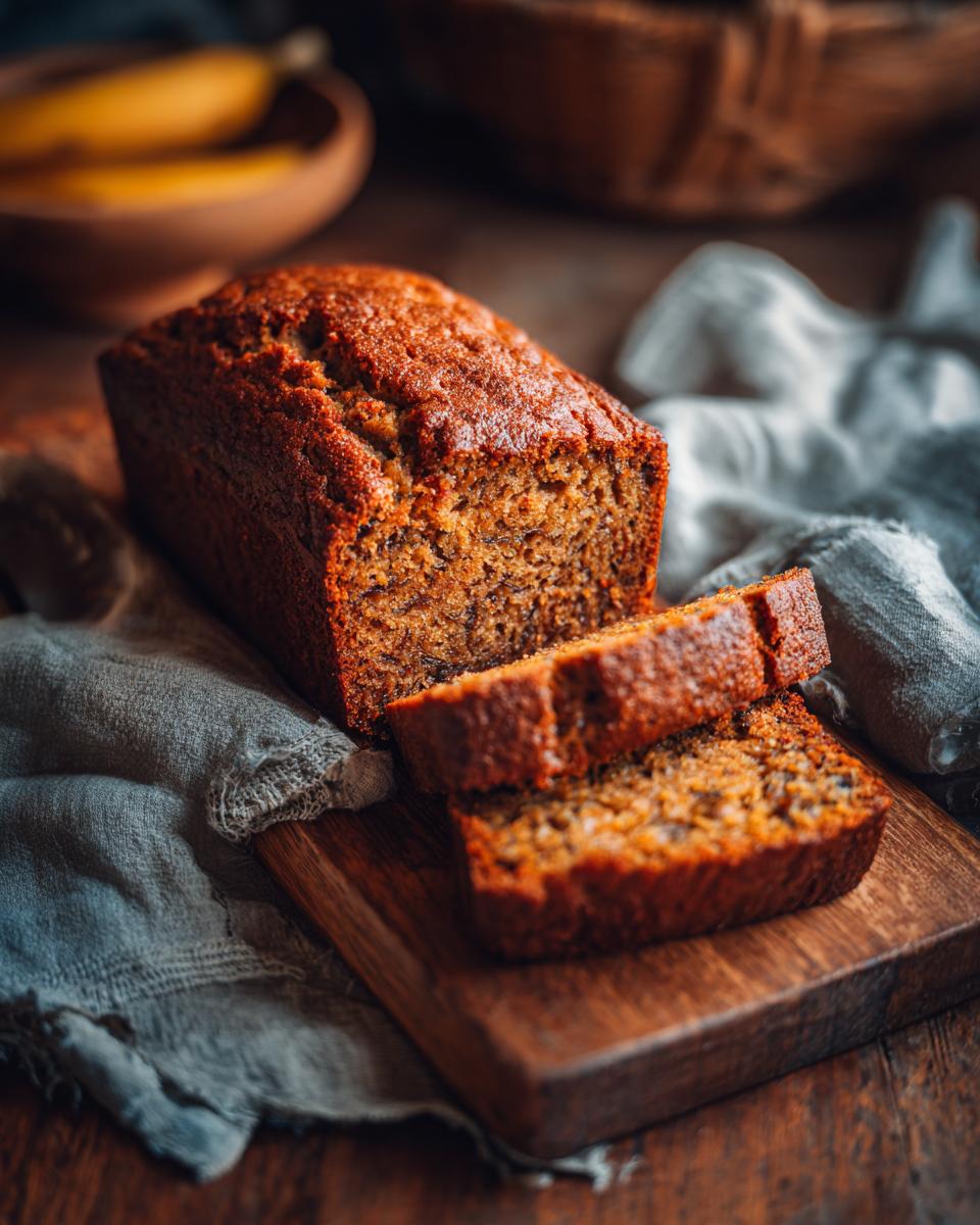 A moist pumpkin banana bread loaf, partially sliced, on a wooden cutting board with a rustic cloth.