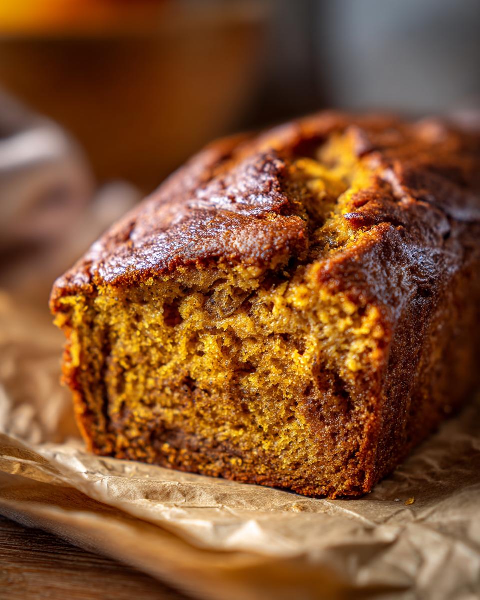 Close-up of a moist pumpkin banana bread loaf with a golden-brown crust, resting on parchment paper.
