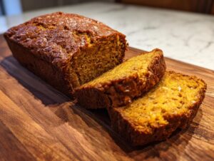 A close-up of a moist pumpkin banana bread loaf with two slices cut and resting on a wooden cutting board.
