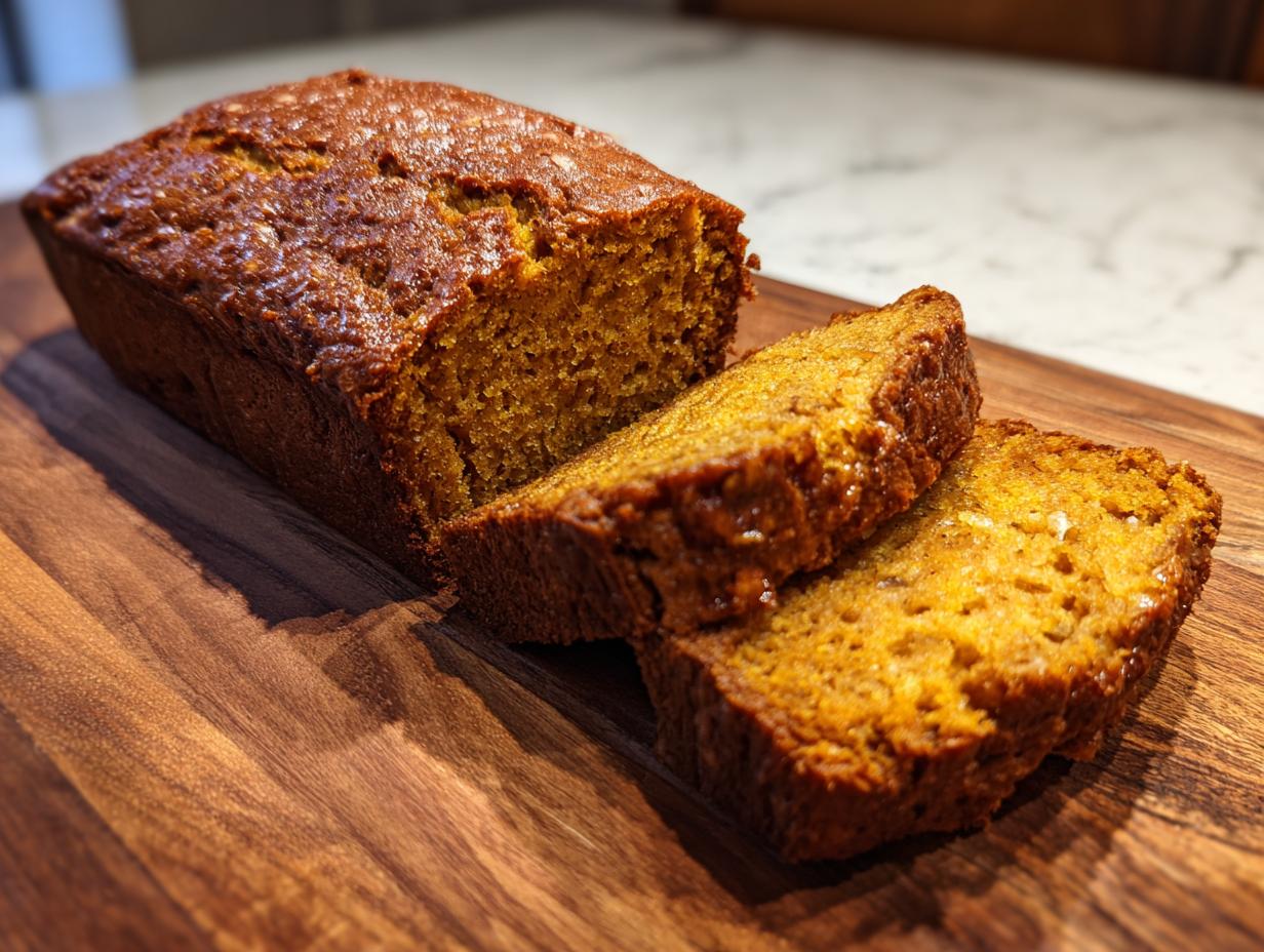 A close-up of a moist pumpkin banana bread loaf with two slices cut and resting on a wooden cutting board.