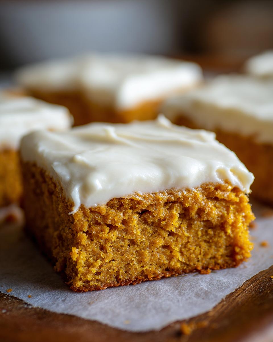 Close-up of a moist pumpkin bar topped with creamy cream cheese frosting.