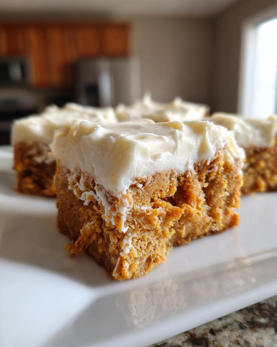 Close-up of moist pumpkin bars topped with thick cream cheese frosting, ready to be enjoyed.
