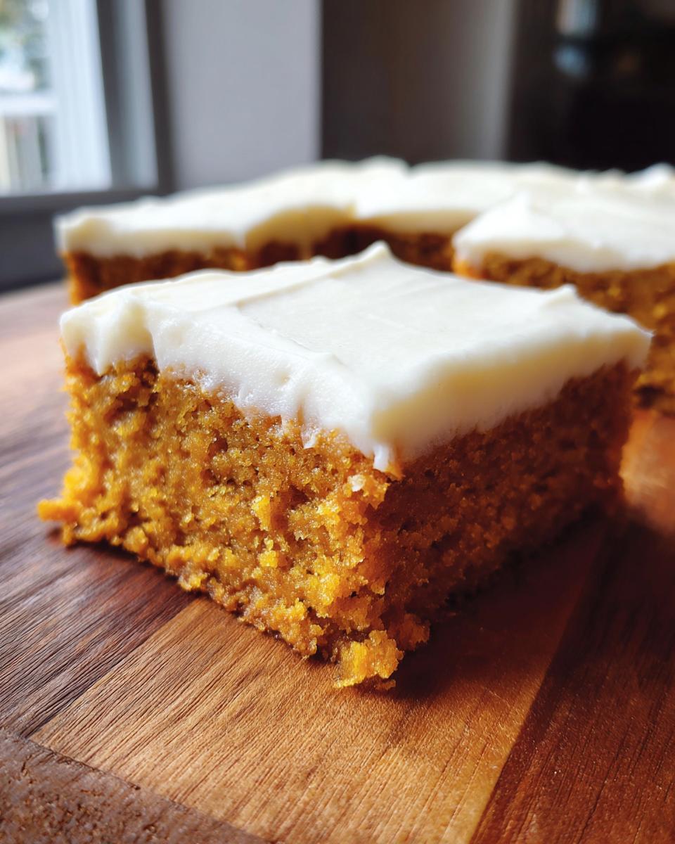Close-up of a slice of pumpkin bars with thick cream cheese frosting on a wooden board.