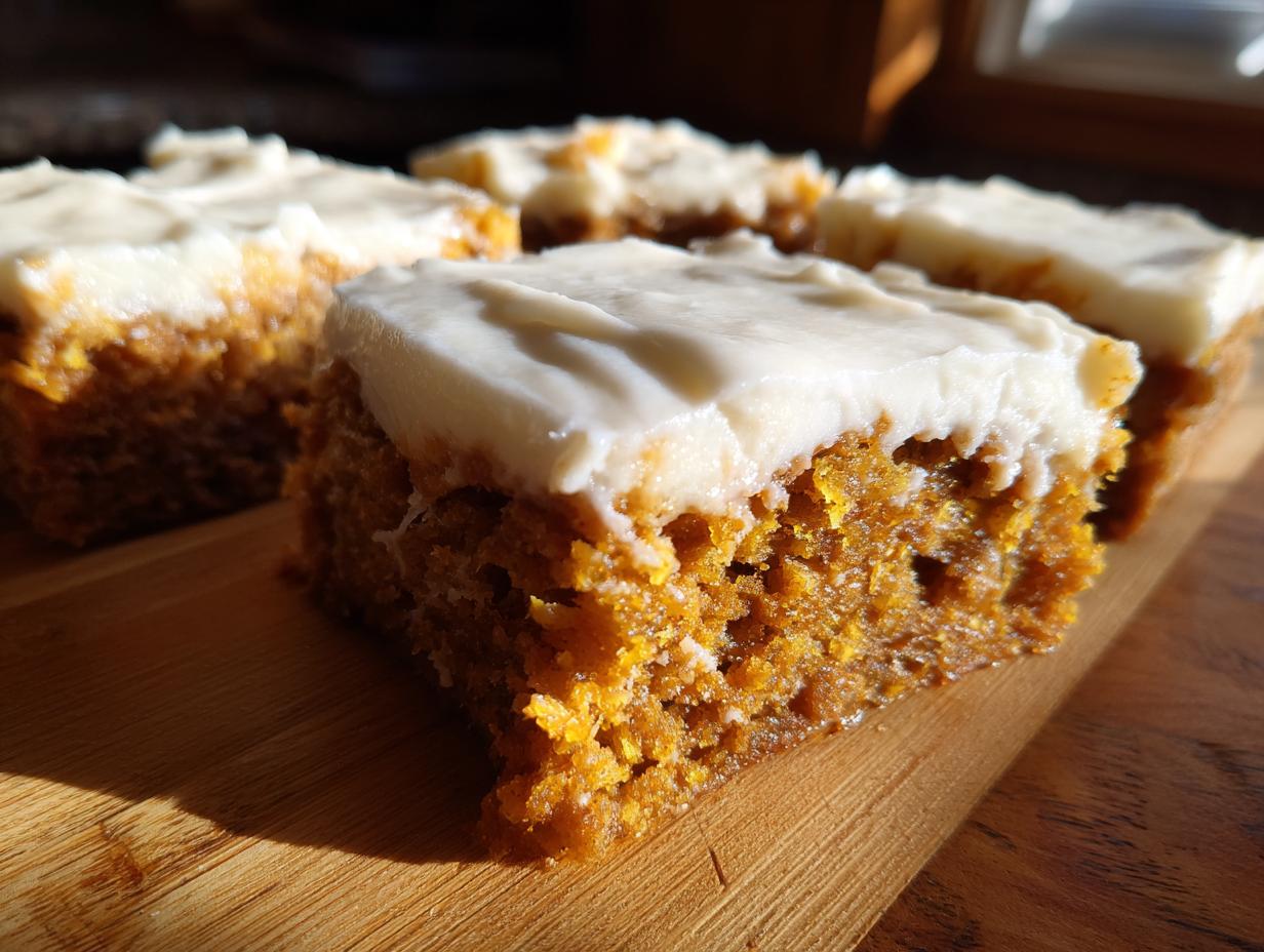 Close-up of delicious pumpkin bars with thick cream cheese frosting on a wooden board.
