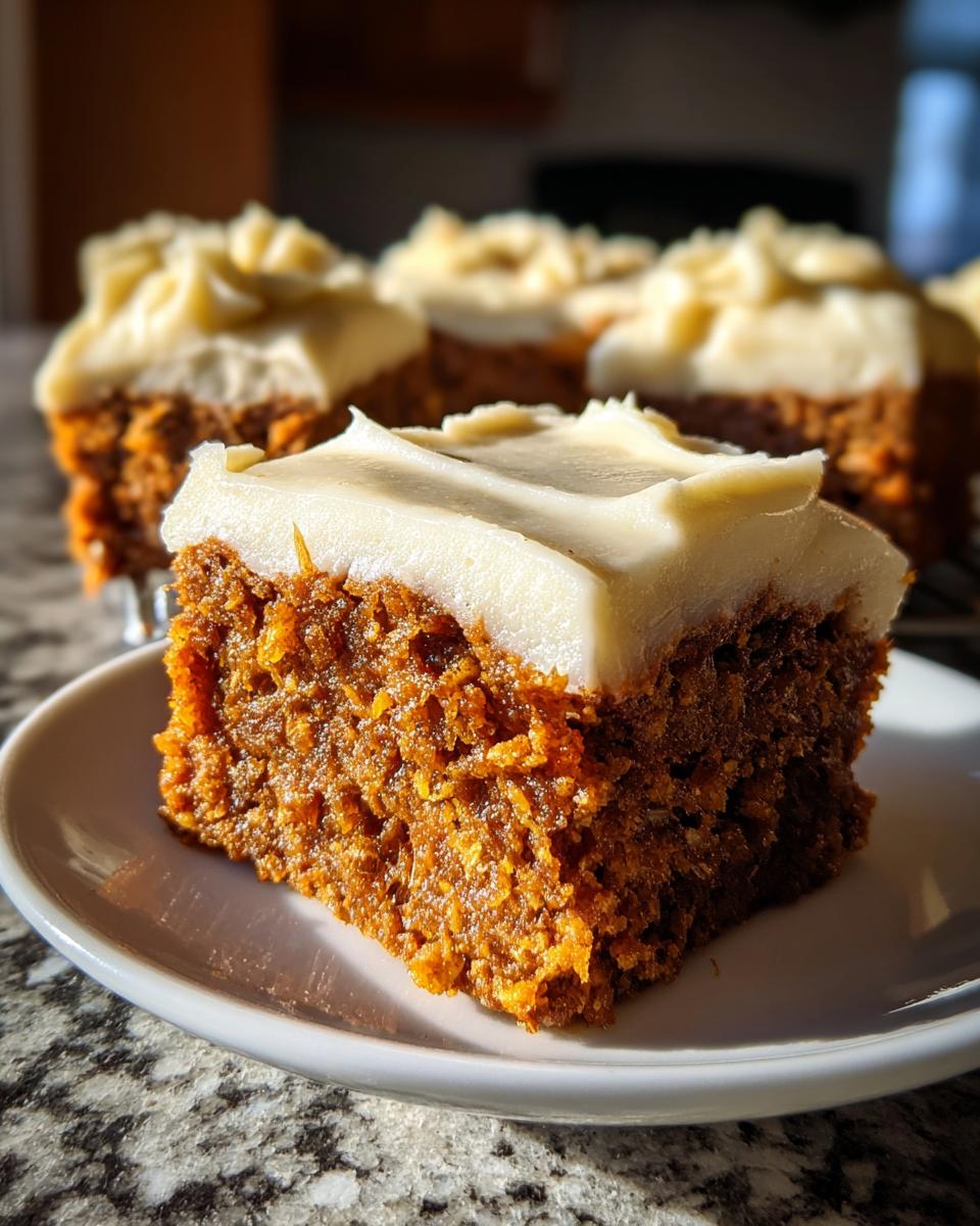 A close-up of a moist pumpkin bar topped with thick, creamy frosting, showcasing the texture of the pumpkin bars with creamy frosting.