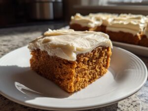 A close-up of a delicious pumpkin bar with thick, creamy frosting on a white plate.