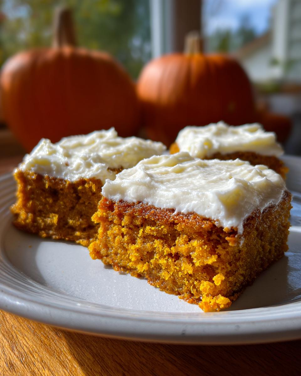 Close-up of three pumpkin bars with creamy frosting on a white plate, with pumpkins in the background.