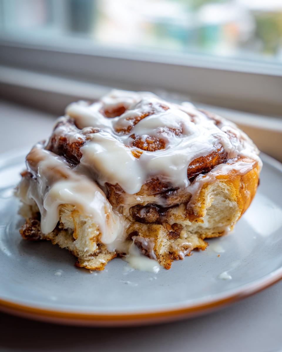 A close-up of a fluffy pumpkin cinnamon roll generously drizzled with white glaze on a light gray plate.