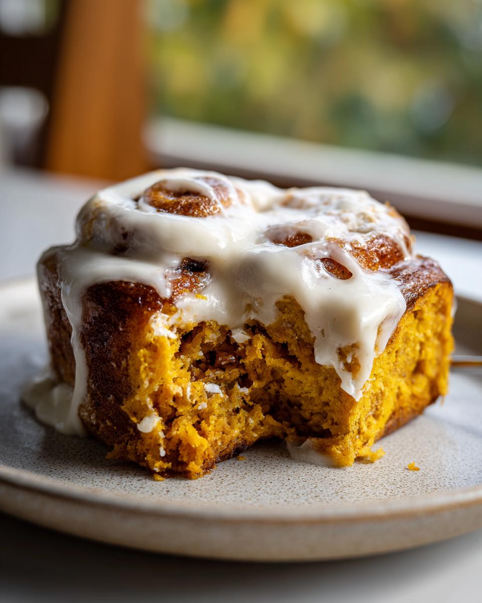 A close-up of a delicious pumpkin cinnamon roll, generously topped with cream cheese frosting, with a bite taken out.