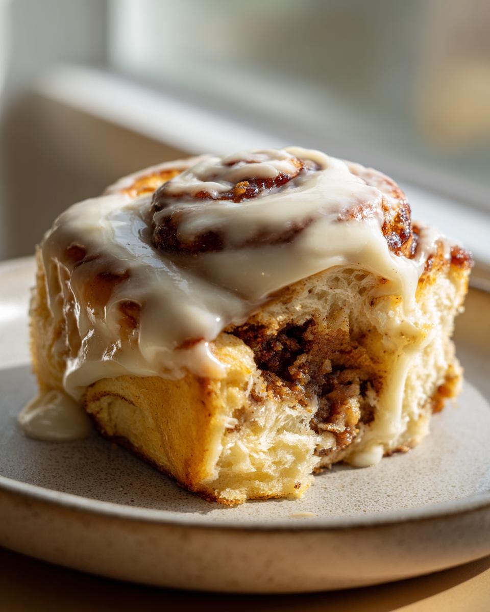 Close-up of a soft, fluffy pumpkin cinnamon roll generously topped with creamy white frosting.