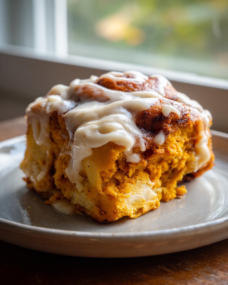 A close-up of a fluffy pumpkin cinnamon roll generously topped with cream cheese frosting.
