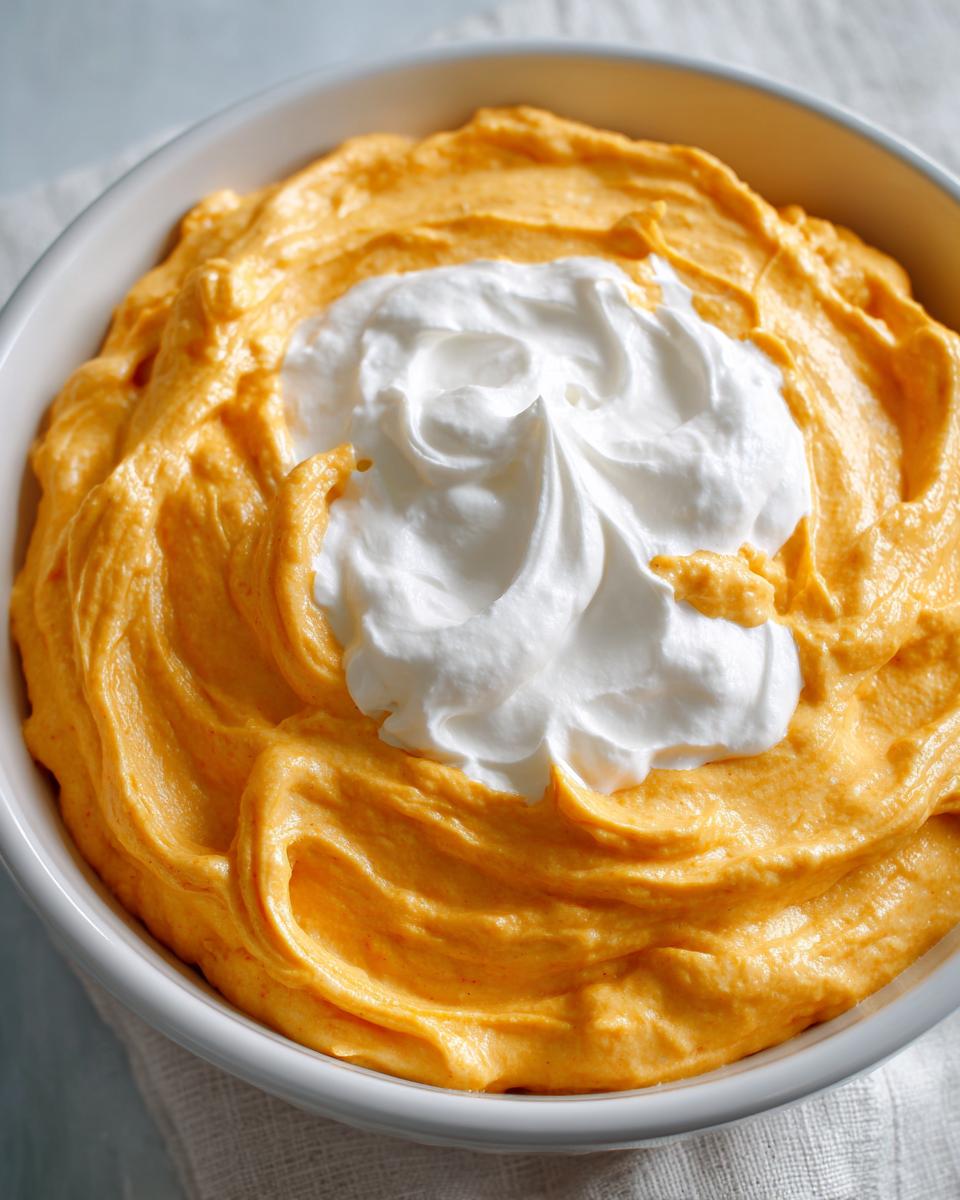 Close-up of a white bowl filled with creamy pumpkin dip topped with a swirl of Cool Whip.