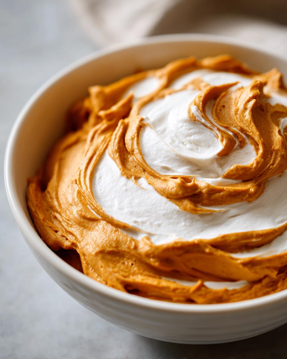 A close-up of creamy pumpkin dip with Cool Whip swirled on top in a white bowl.