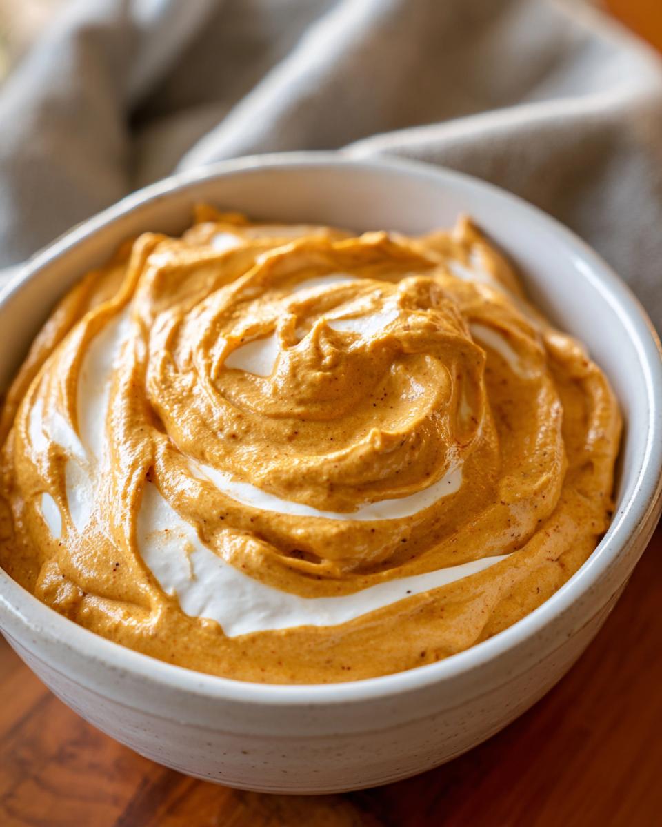 Close-up of a white bowl filled with creamy pumpkin dip swirled with Cool Whip.