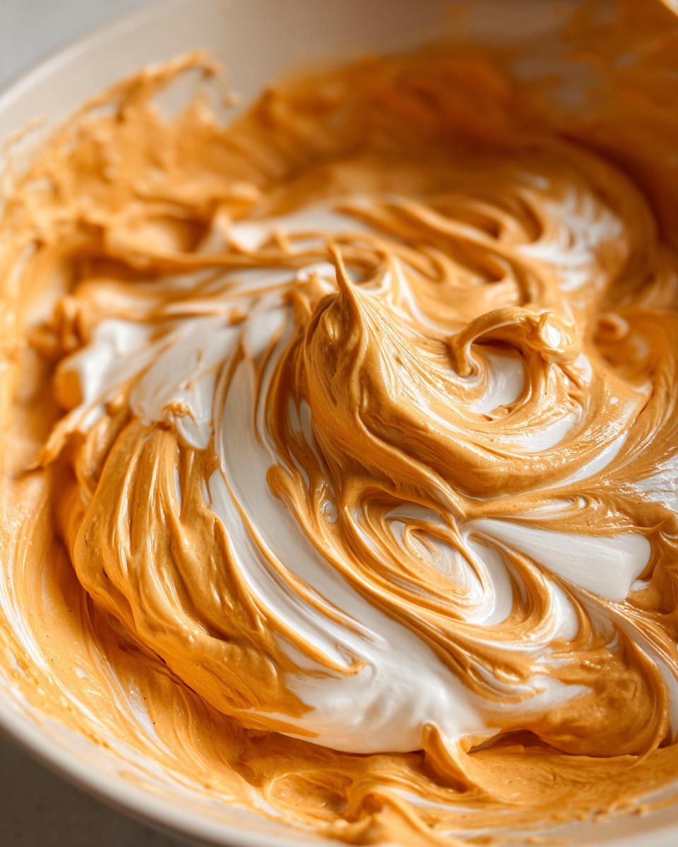 Close-up of creamy pumpkin dip with Cool Whip swirled together in a bowl.