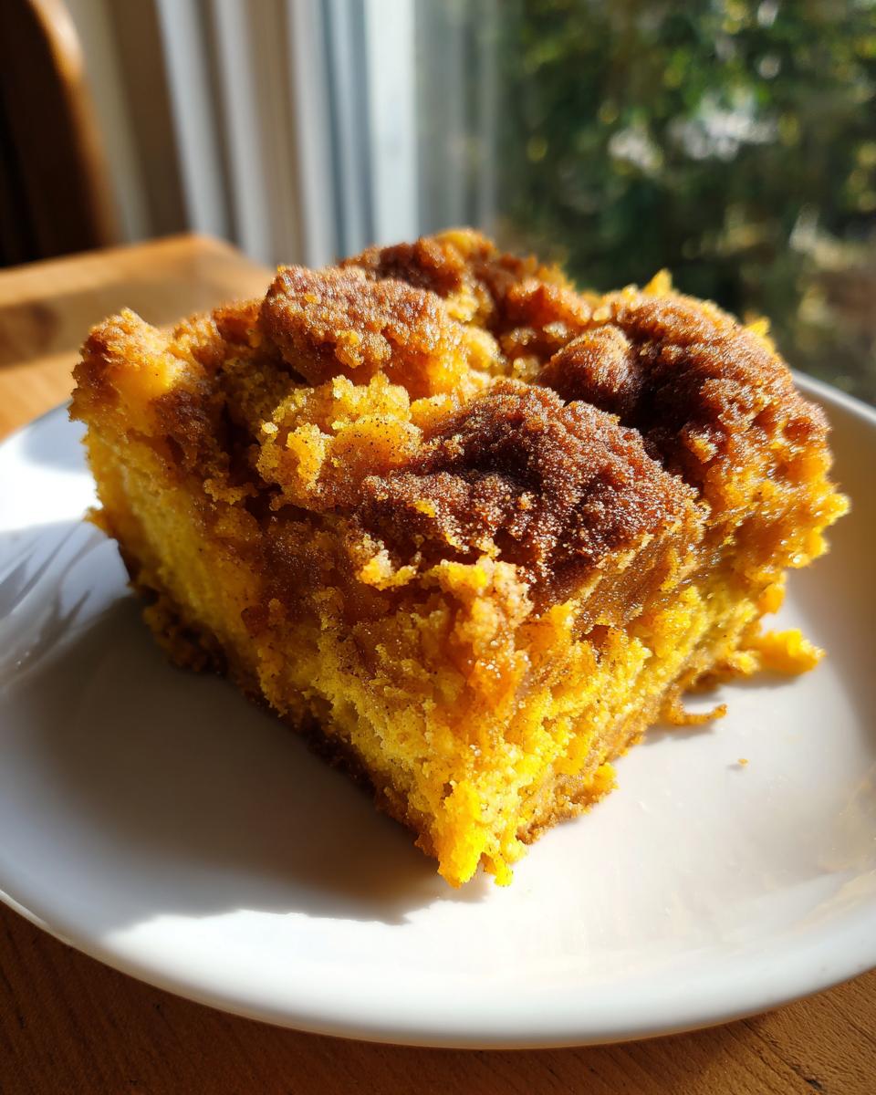 A close-up of a slice of moist pumpkin dump cake with a crumb topping on a white plate.