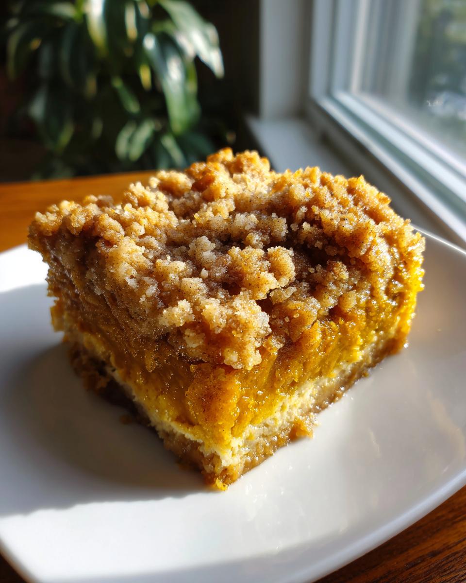 A close-up of a slice of pumpkin dump cake on a white plate, featuring a crumb topping and rich pumpkin filling.