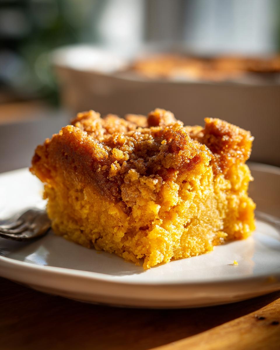A close-up of a moist slice of pumpkin dump cake with a crumb topping, served on a white plate.