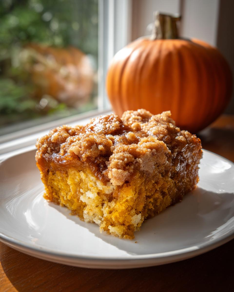A slice of moist pumpkin dump cake with a crumb topping, served on a white plate with a pumpkin in the background.