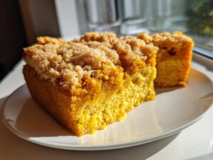 Two slices of moist pumpkin dump cake with a crumb topping, served on a white plate.