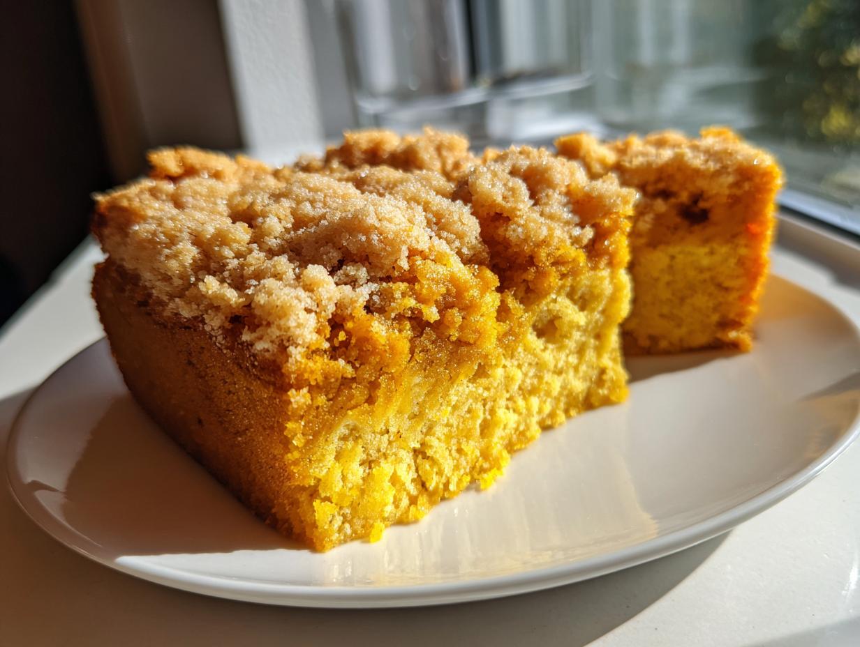 Two slices of moist pumpkin dump cake with a crumb topping, served on a white plate.