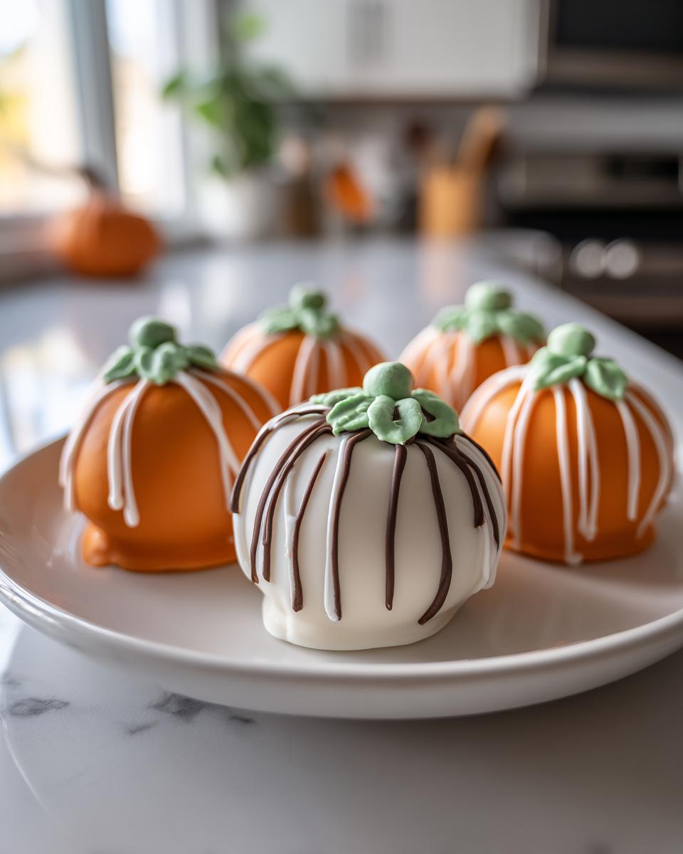 A plate of adorable Pumpkin Oreo Balls decorated to look like mini pumpkins, with green frosting stems.