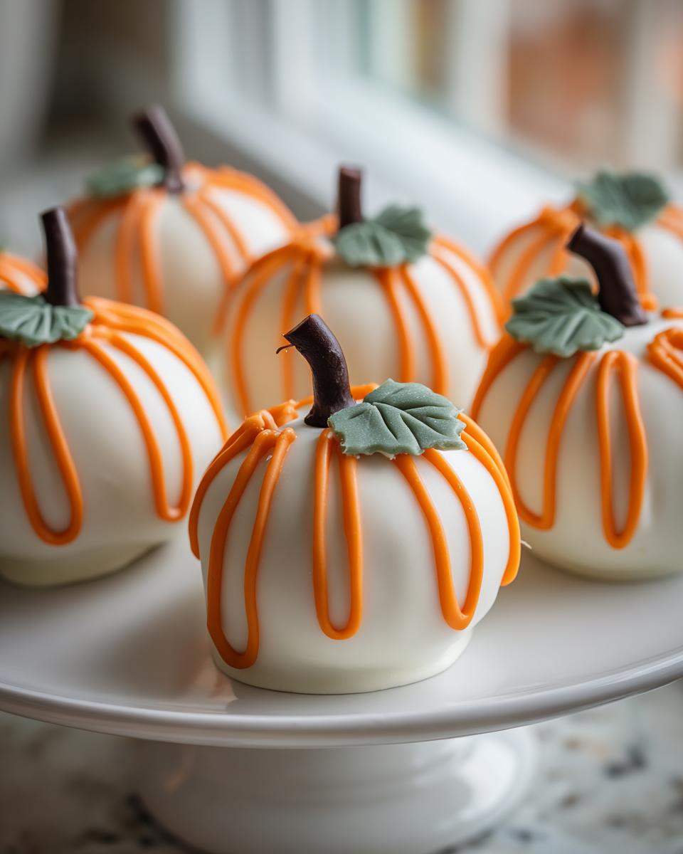 Close-up of several white chocolate-covered Pumpkin Oreo Balls decorated to look like mini pumpkins with orange drizzle and green leaves.