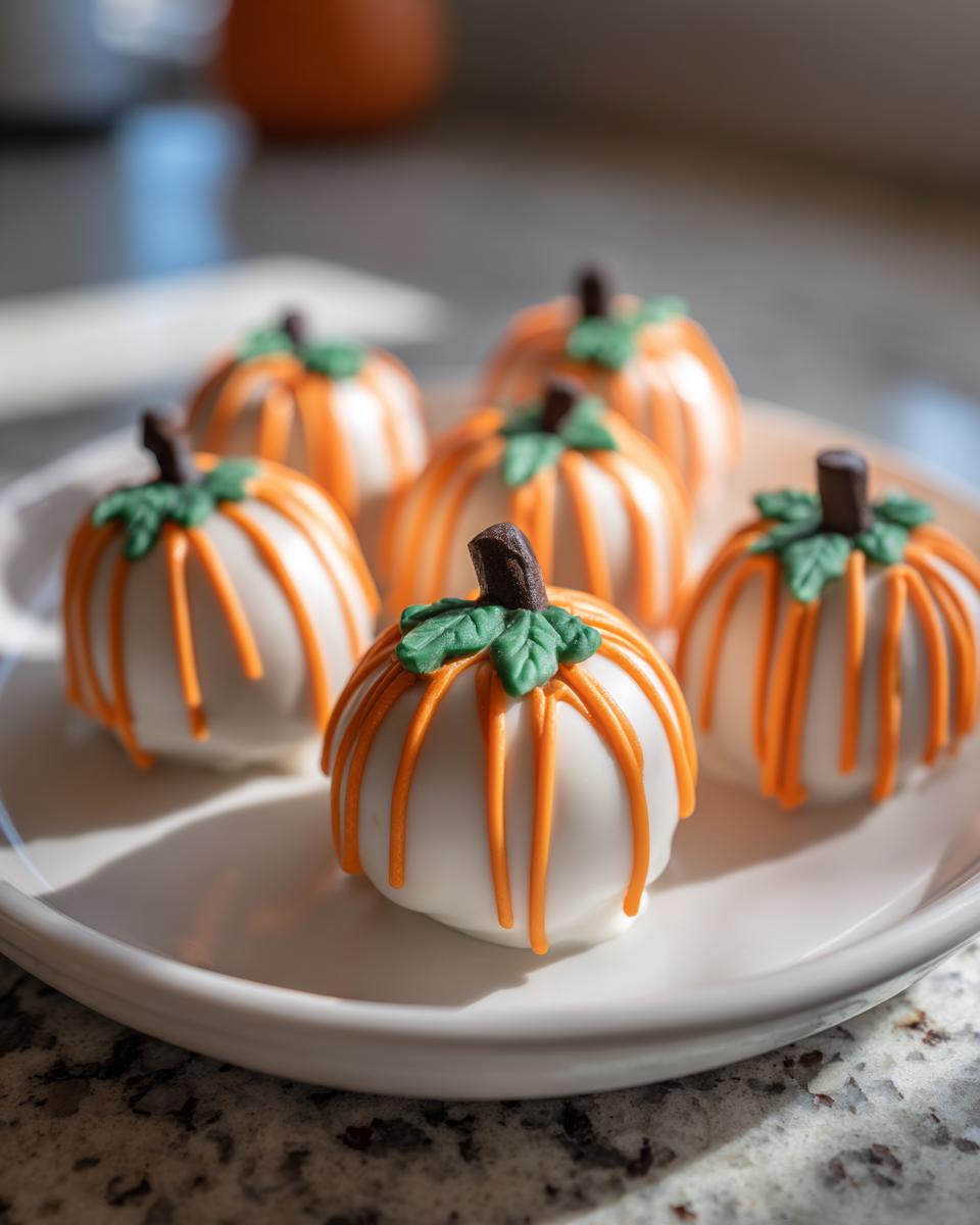 A plate of festive Pumpkin Oreo Balls decorated to look like mini pumpkins with white chocolate, orange drizzle, and green leaves.
