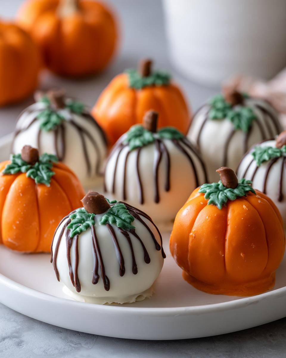 A plate of festive Pumpkin Oreo Balls decorated to look like mini pumpkins, some orange and some white with chocolate drizzle.