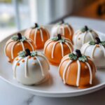A plate of festive Pumpkin Oreo Balls decorated to look like mini pumpkins with white chocolate drizzle and green leaf accents.