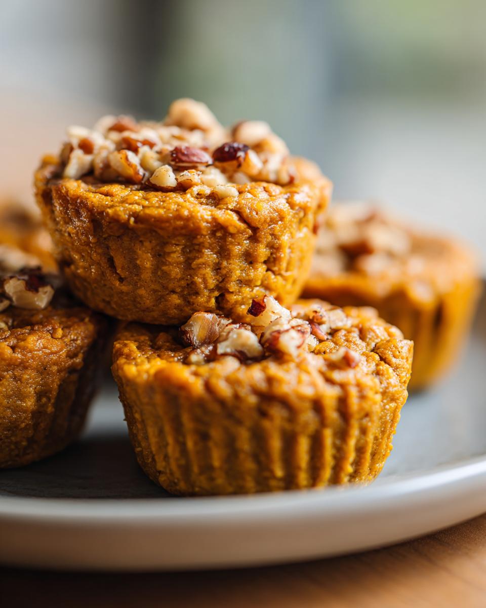 A close-up of several Pumpkin Protein Cups stacked on a plate, topped with chopped nuts.