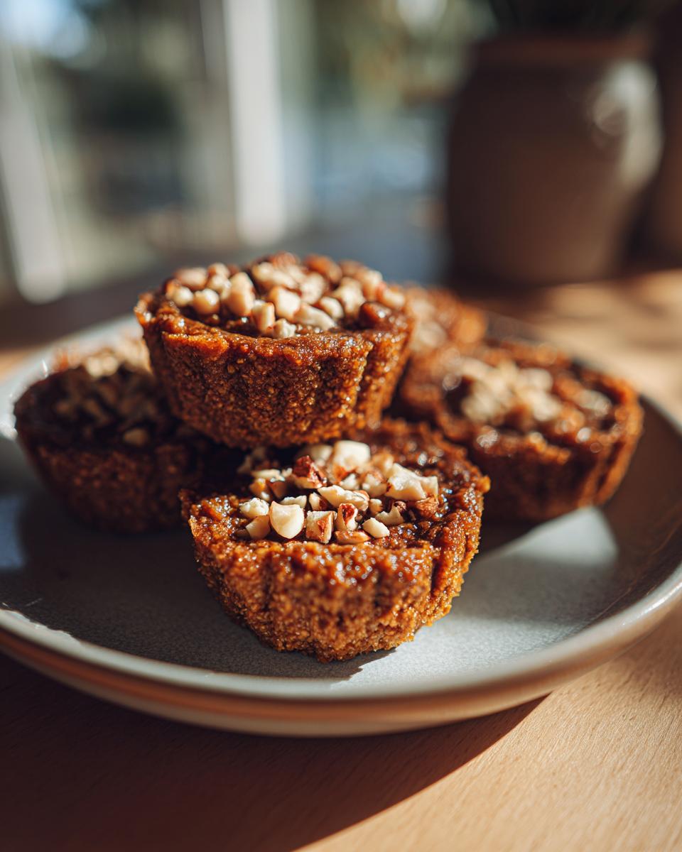 Close-up of several Pumpkin Protein Cups topped with chopped nuts on a plate.