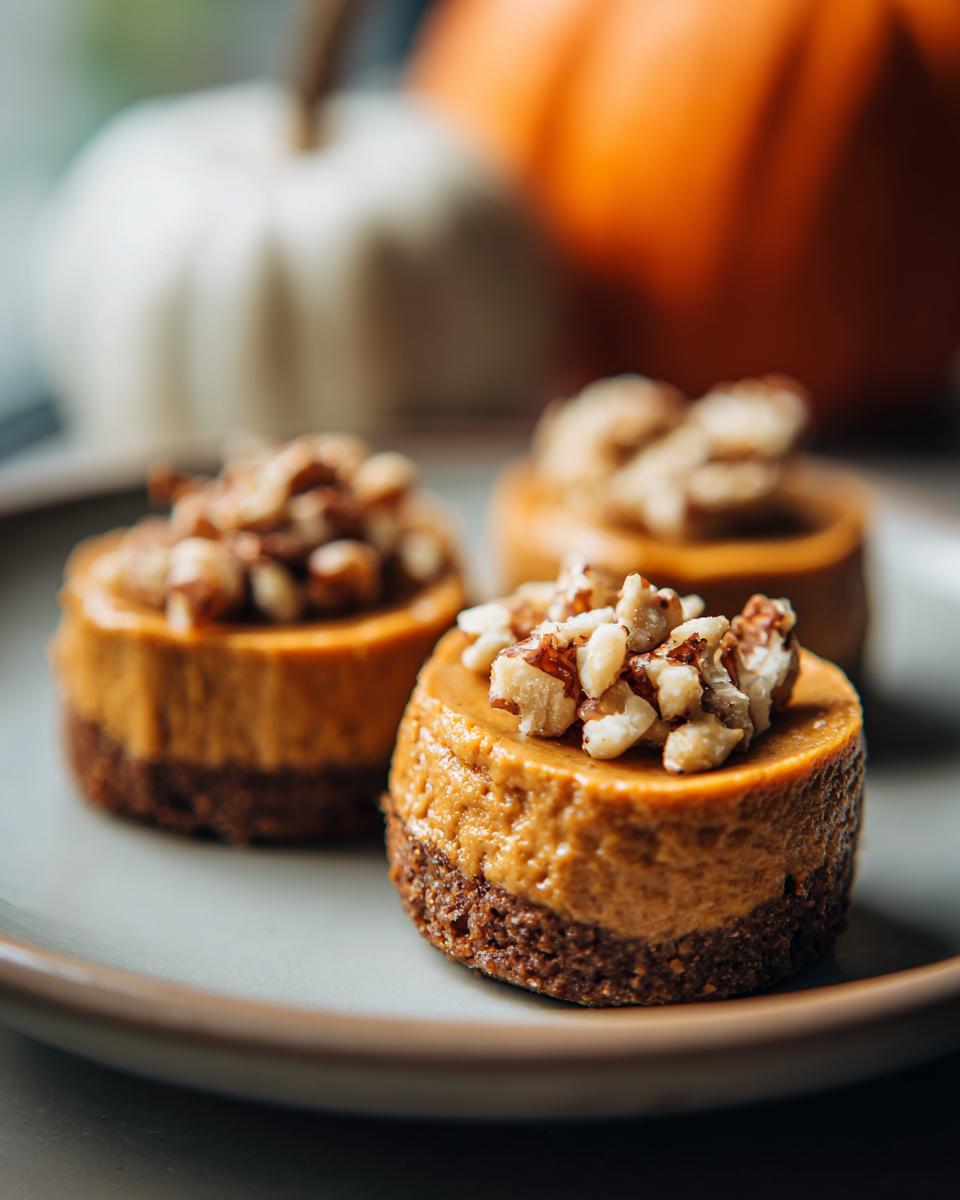 Close-up of three delicious Pumpkin Protein Cups topped with chopped pecans on a plate.
