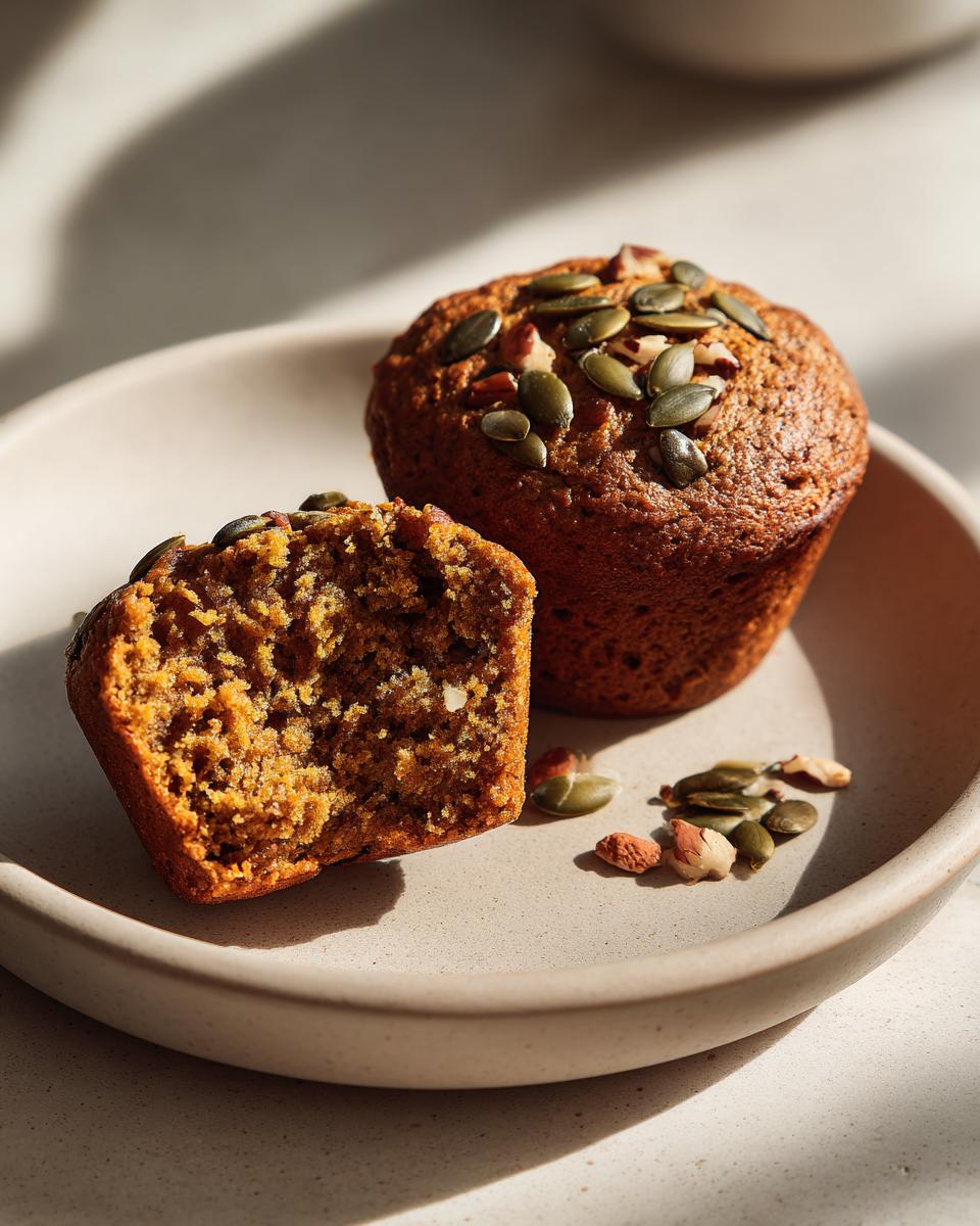 Close-up of a pumpkin protein muffin cut in half, showing its moist interior, topped with pumpkin seeds and nuts.
