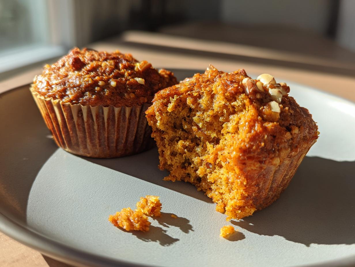 Two pumpkin protein muffins on a plate, one with a bite taken out, topped with walnuts.