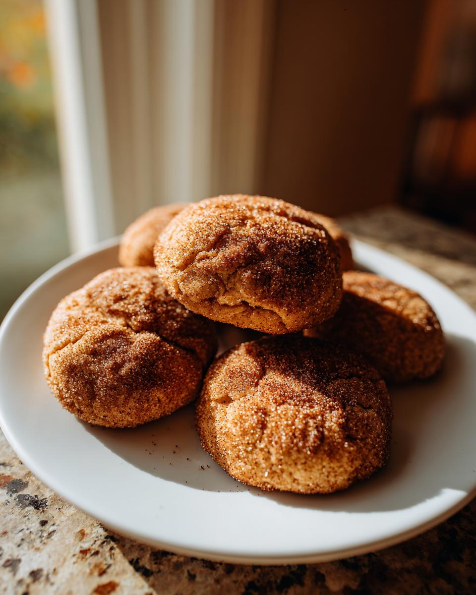 A close-up of several pumpkin snickerdoodle cookies piled on a white plate, coated in cinnamon sugar.