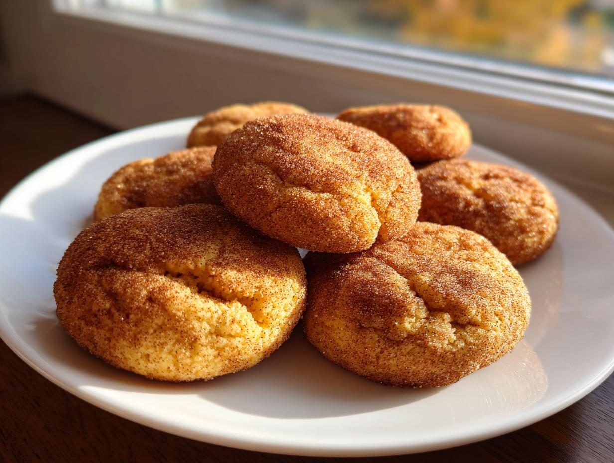 A close-up shot of a plate filled with freshly baked pumpkin snickerdoodle cookies, coated in cinnamon sugar.