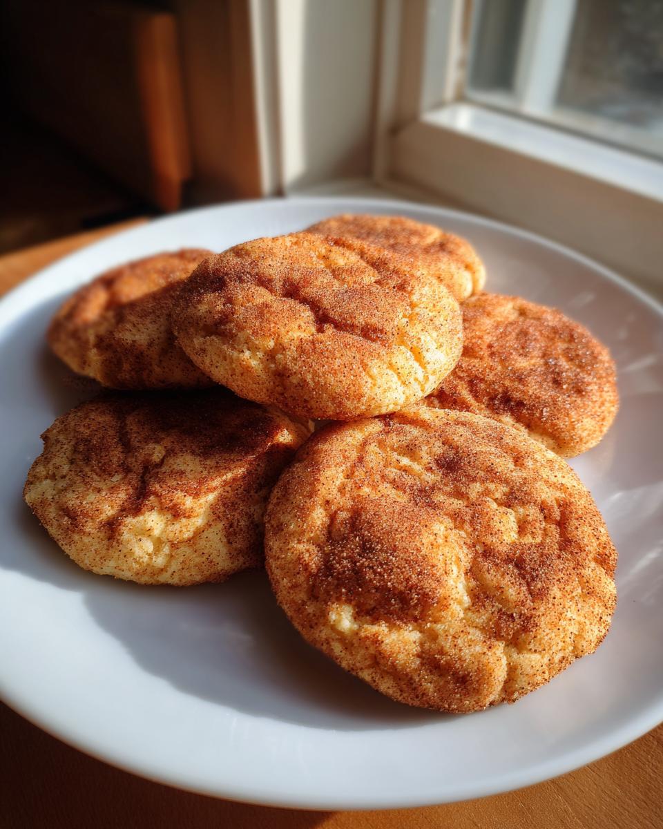 A pile of freshly baked pumpkin snickerdoodle cookies dusted with cinnamon sugar on a white plate.