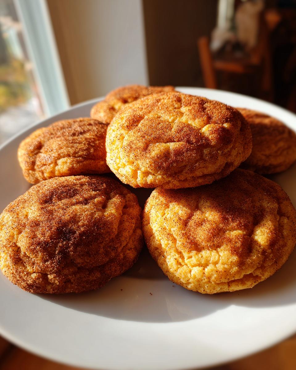 A close-up shot of a stack of freshly baked pumpkin snickerdoodle cookies on a white plate.