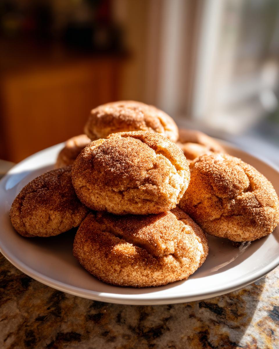 A stack of freshly baked pumpkin snickerdoodle cookies coated in cinnamon sugar on a white plate.