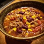 A close-up of a bowl of delicious ranch taco soup, featuring ground beef, kidney beans, corn, and tomatoes.