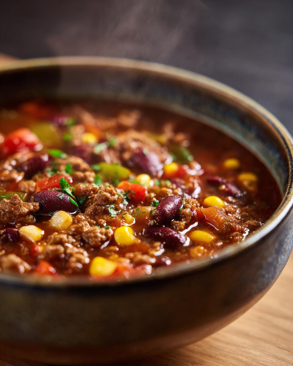 A steaming bowl of ranch taco soup filled with ground beef, kidney beans, corn, tomatoes, and cilantro.