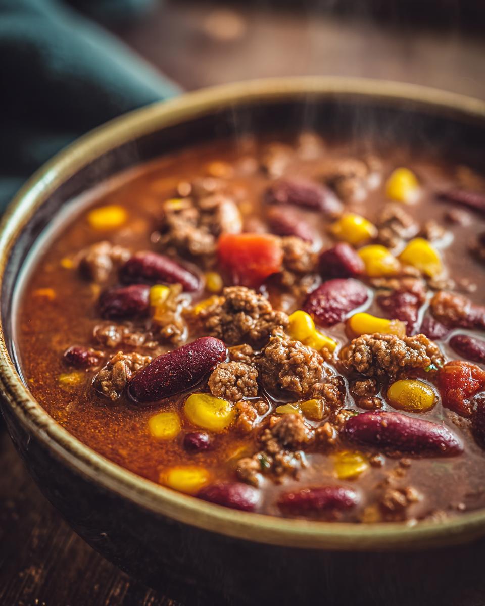 A close-up of steaming Ranch Taco Soup in a rustic bowl, featuring ground beef, kidney beans, corn, and tomatoes.