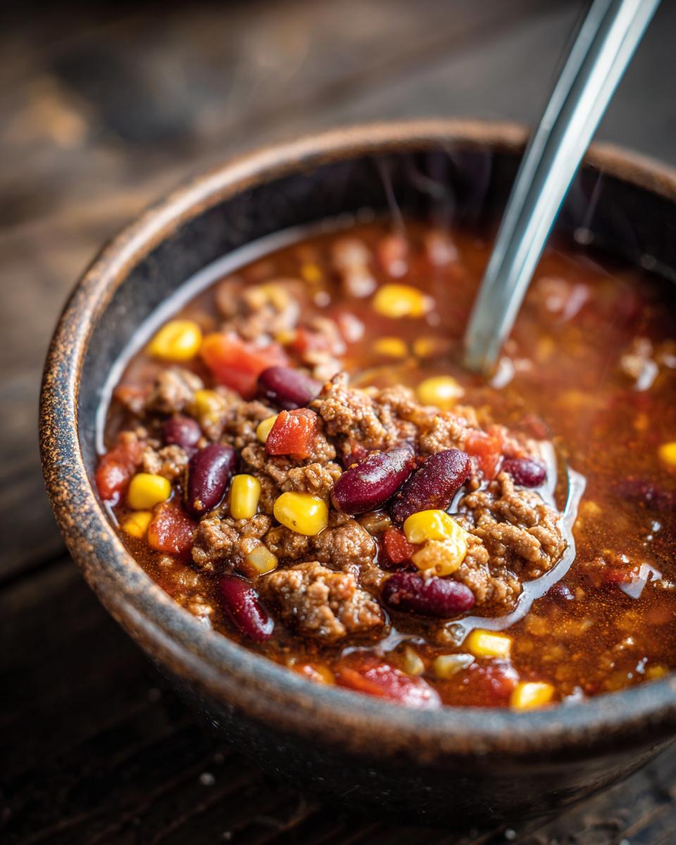A close-up of a steaming bowl of ranch taco soup, featuring ground beef, kidney beans, corn, and diced tomatoes.