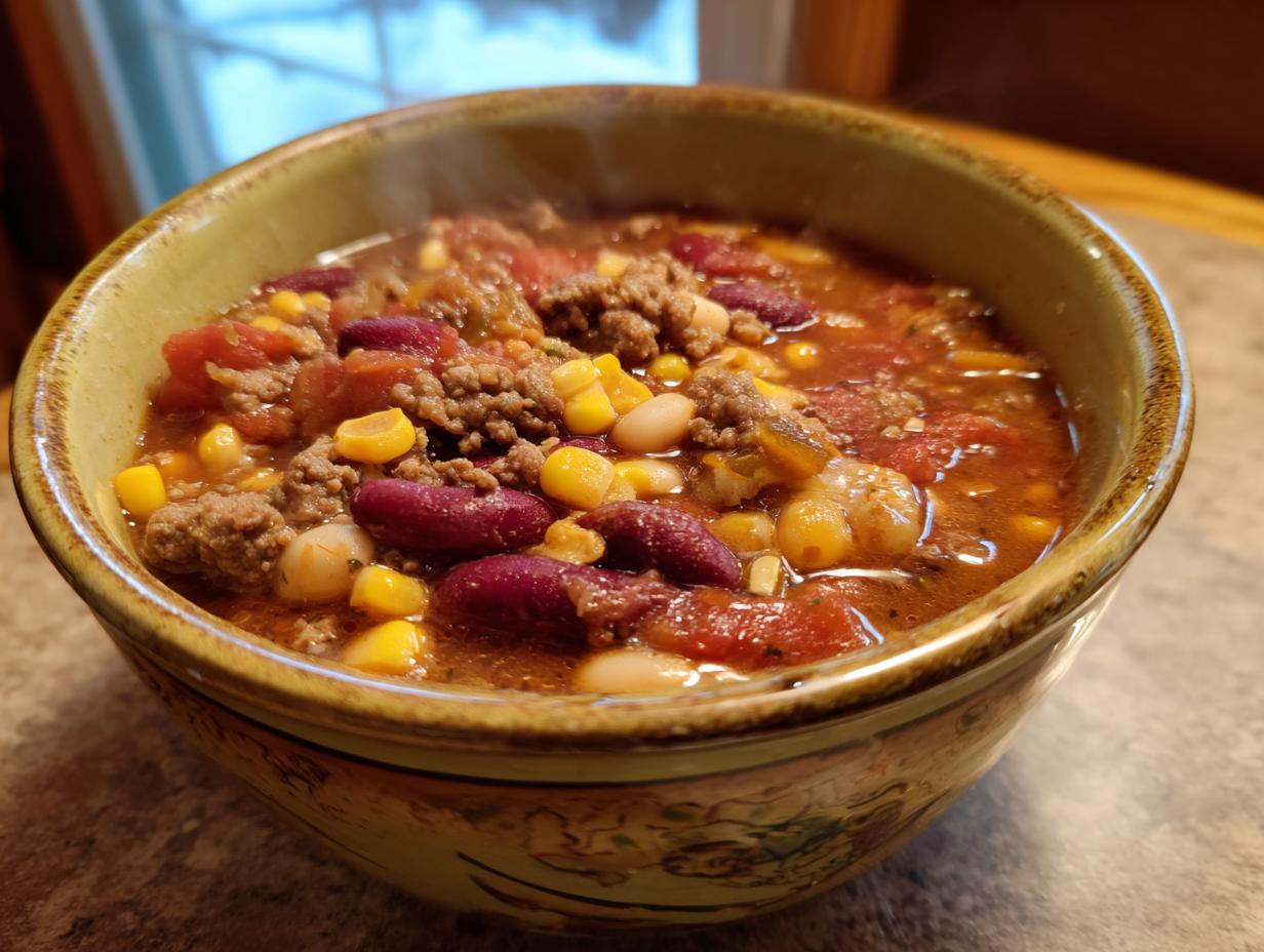 A steaming bowl of ranch taco soup filled with ground beef, kidney beans, white beans, corn, and tomatoes.