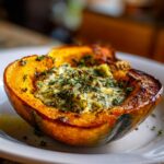 A close-up of a roasted acorn squash half filled with melted herb butter and fresh herbs.